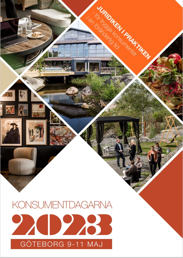 Programmets första sida med bilder från Arken Hotel & Art Garden Spa. Samt texten "Konsumentdagarna 2023 Göteborg 9-11 maj, juridiken i praktiken - för trygga konsumenter i en föränderlig tid".